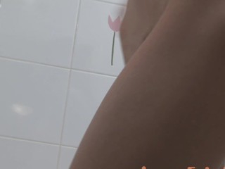 Pierced and sexy brunette teen with small tits is taking shower