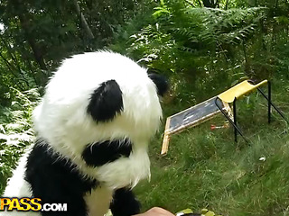 Sexy teen enjoys having wild sex with horny panda bear